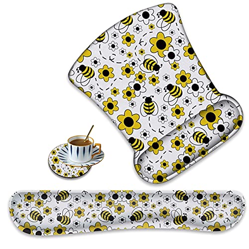 XMTMR-Glass Ergonomically Upgraded Keyboard Wrist Rest and Comfortable Wrist Rest Gel Mouse Pad Set, Non-Slip Rubber Base and Cute Coaster, for Work, Game Home, Bee