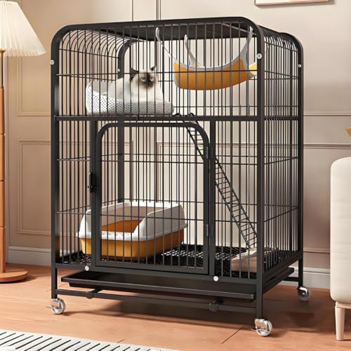 猫ケージ 猫かごです 飼育ケージ 大型 2段式 Tuduzo 多頭飼い 金属製 キャスター付き 脱走防止 室内用 移動便利 組み立て簡単 ペットハウス おしゃれ 省スペース (70x51x94cm,B)