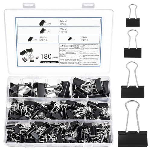 180 Piezas Pinzas Palas Abatibles, Clips Plegables de Metal, Pinzas Metalicas, Clips de Bulldog de Papel para Carpetas, Escolares Oficina Notas Papelería Documentos, negro, 15/19/25/32mm