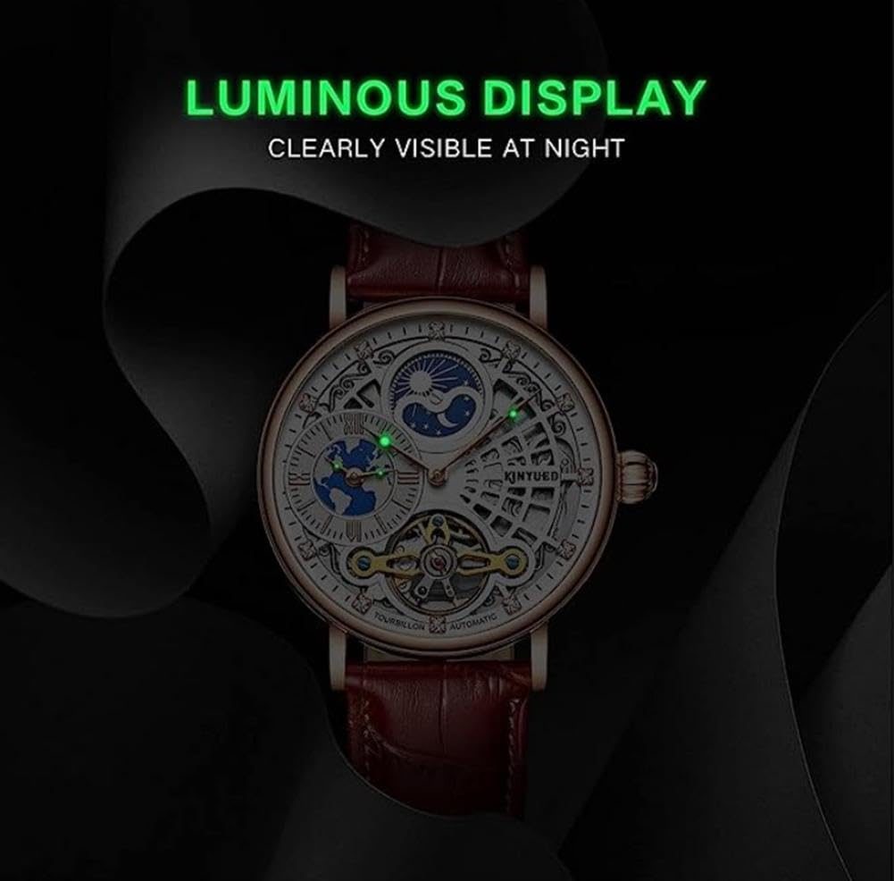 Herren Luxus Skelett automatische mechanische Armbanduhren Leder Mond singende Hände Selbstwinduhr, Tourbillon automatische wasserdichte Kristall Armbanduhr für Männer Geschenk