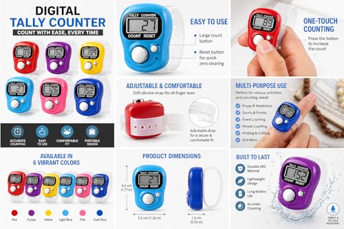 Image of Digital Finger Counter 2 Pack, Multi-Color Electronic Tally Clicker Counter with LCD Display and Adjustable Ring for Counting, Sports, Crochet, Prayer & Inventory | Pack of 2 Digital Counters - Convenient set of 2 finger tally counters for multiple counting needs.