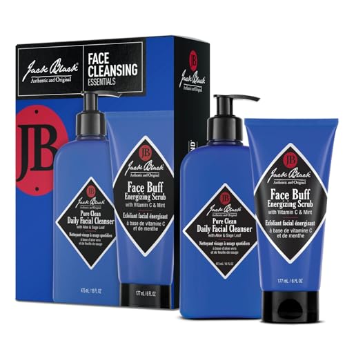 Jack Black Face Cleansing Essentials Set - Pure Clean Daily Facial Cleanser 2-in-1 Mens Facial Cleanser & Toner + Face Buff Energizing Scrub Exfoliating Wash for Men