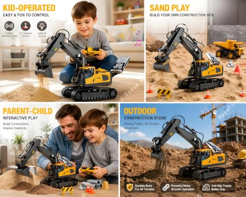 Image of RC JCB Toy Excavator for Kids - 1:20 11-Channel Metal Remote Control Construction Vehicle with Lights, Sounds & 680 Rotation Yellow Digger Truck (Ages 6-12)
