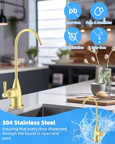 Image of Hibbent Drinking Water Faucet for Bar and Kitchen Sink, Stainless Steel Reverse Osmosis RO Faucet for Under-Sink Filtration System, Brushed Gold Finish
