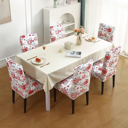 Image of HOKIPO Premium Printed Velvet Dining Chair Cover Set of 6, Red Cottage Rose (AR-5794-D6*6)