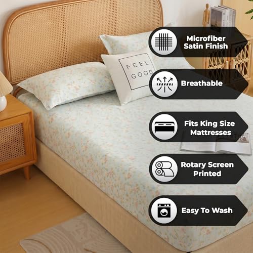 Image of Story@Home King Size Air Cotton Bedsheet 240 TC Fitted Sheet with 2 Pillow Covers, Soft & Durable Bed Sheet for King Bed (270 x 250 cm, Floral Print, Light Blue & Peach)