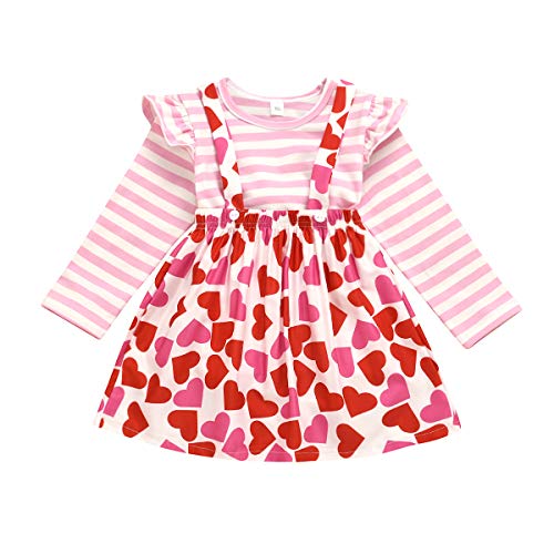 Toddler Baby Girls Valentine’s Day Outfit Ruffle Sleeve Stripes Shirt Tops + Suspender Strap Heart Print Skirt Set (Pink, 3-4 y)