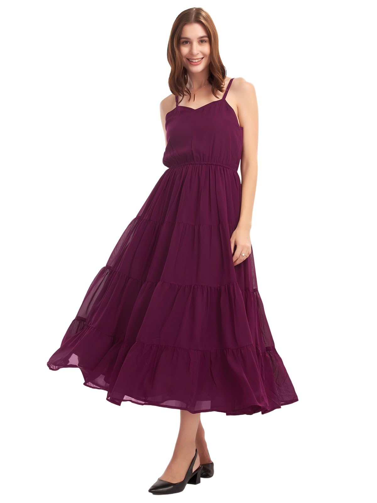 Selvia Western Dress For Women|Georgette Dress For Women|Fit & Flare Dress|Solid Dress For Women|One Piece Dress For Women (401Tk7266N-S_Deep Purple)