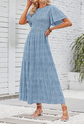 Image of ZESICA Women's 2026 Summer Boho Floral Maxi Dresses Casual Short Flutter Sleeve Smocked Tiered Flowy Dress