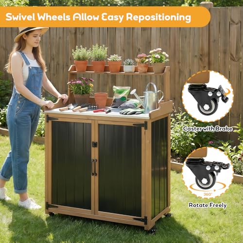Image of PetsCosset Potting Bench with Storage, Mobile Outdoor Cabinet with Wheels