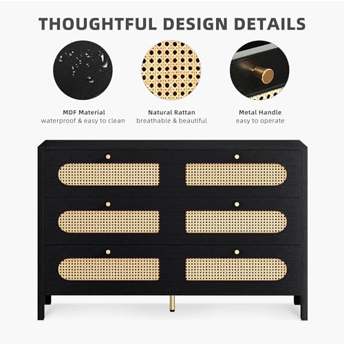 DWVO Natural Rattan 6 Drawer Dresser-Wooden Black Boho Double Dresser Chest of Drawers with Golden Handles-Modern Large Closet Dressers Storage Cabinet for Living Room/Hallway/Entryway