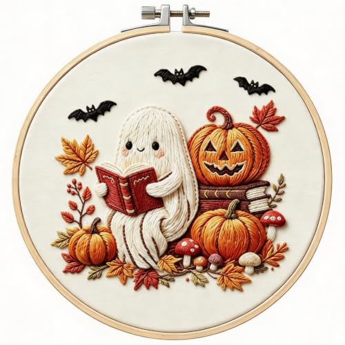 Image of YOUDRN Halloween Ghost Reading Book Embroidery Kit for Beginners Adults | DIY Halloween Embroidery Kits, Ghost, Fall Pumpkin, Maple Pattern, Cotton Threads, Needles, Instruction, 20 cm Hoop