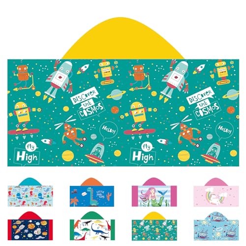Microfiber Hooded Towel For Kids Toddler Infant Boy Girl, With Hood For Bath Pool Swim, Swimwear Summer Beach Essentials Cartoon Shower Gifts (24x50 Inch, Robot)
