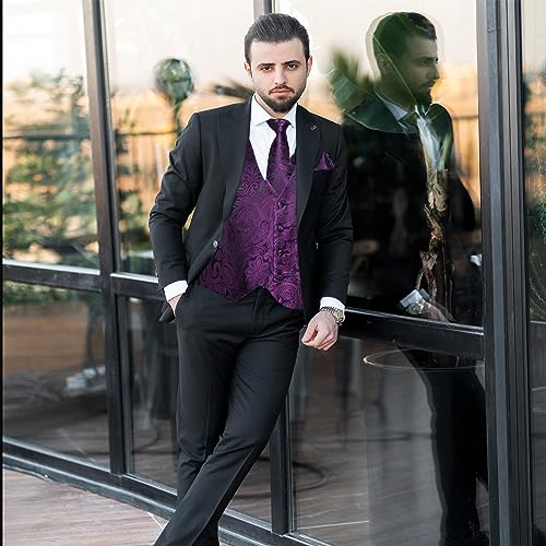 Image of DiBanGu Mens Paisley Vest Silk Sleeveless Suit Vest and Neck Tie Pocket Square Cufflinks Set for Wedding Formal