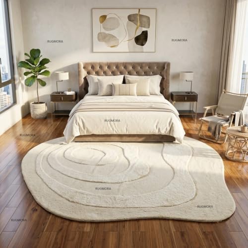 Image of Hand Tufted Wool Rug 6x8 Ft - Modern Irregular Shape Aesthetic Carpet, 1 Inch Thick Pile, Anti-Skid Backing, Soft Handmade Woolen Area Rug for Living Room, Bedroom, Hall Decor