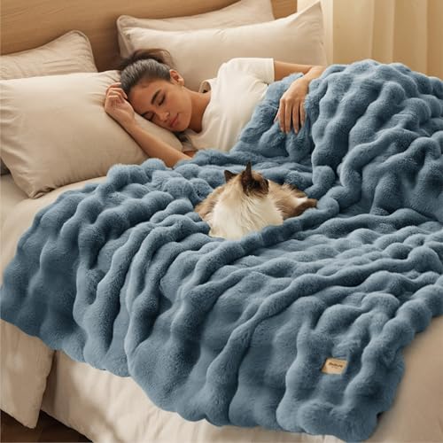 Bedsure GentleSoft Fluffy Faux Fur Blanket Twin Size, Fuzzy Soft Bubble Blanket for Couch, Home Decor Gifts for Bedroom Living Room, Thick Furry Cozy Gifts for Women, Greyish Blue, 60x80 Inch