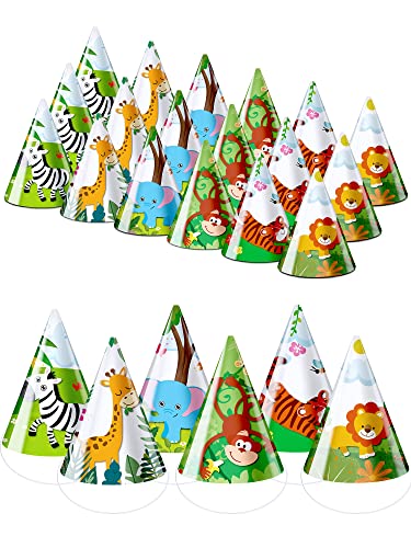 30 Pcs Animals Cone Hats Birthday Party Hats for Kids Jungle Safari Zoo Birthday Party Decorations DIY Photo Props Toddlers Holiday Games Supplies, Tiger, Giraffe, Elephant, Monkey, Lion, Zebra