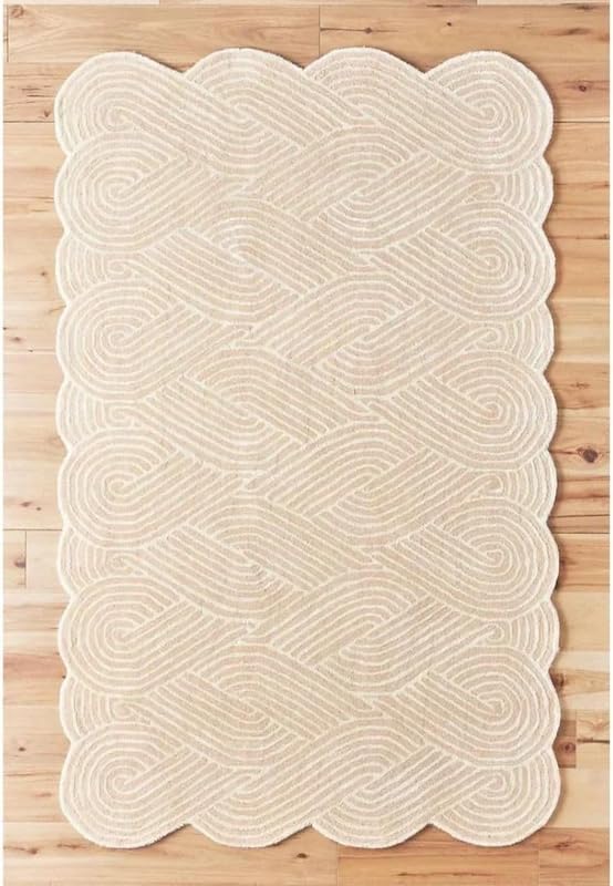 10x14 Ft Hand Tufted Wool Area Rug, Modern Ivory Scalloped Edge Abstract Swirl Pattern Design, Handmade Carpet for Living Room Bedroom Home Décor