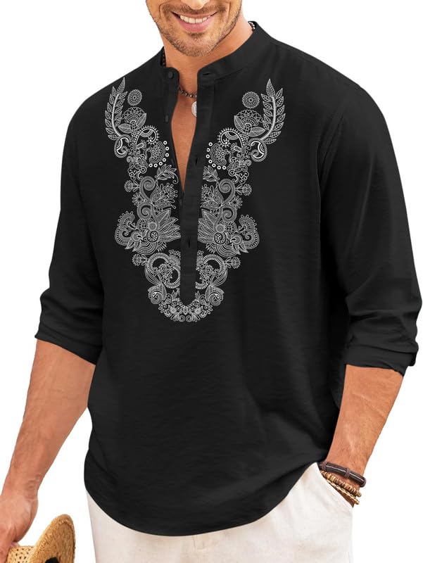 Image of FINIVO FASHION Men's Cotton Blend Short Kurta with Full Sleeves and Ethnic Neck Design | Casual Crinkle Texture Kurta with Mandarin Collar