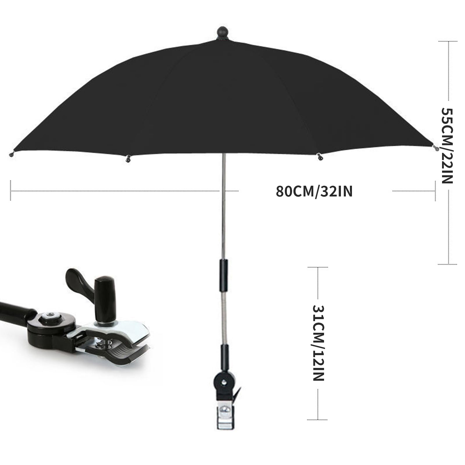 Ombrello per carrozzina, 72 cm, con morsetto regolabile, protezione UV UPF 50+, parasole universale per carrozzina, passeggino, passeggino, impermeabile, pieghevole