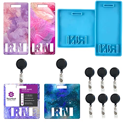 Yanmucy Badge Buddy Mold for Epoxy Resin Silicone ID Card Holder Resin Mold RN Work Card Holder Mold with 6 Pieces ID Badge Reel Clip (RN)