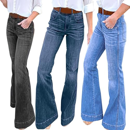 Women's Flare Jeans Casual Mid Rise Bell Bottom Pants Classic Fitted Distressed Bootcut Denim Pant Jeans with Pockets3