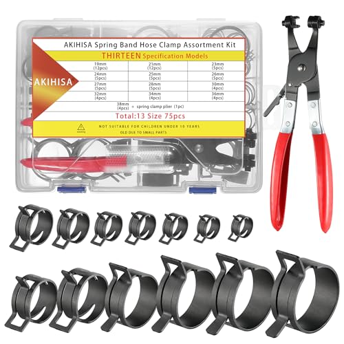 Image of AKIHISA 75Pcs 19-38mm Spring Band Hose Clamp Assortment Kit with Hose Clamp Pliers, 13 Sizes Spring Hose Clip Fuel Line Silicone Vacuum Hose Pipe Clamp, Air Hose Tube Water Pipe Fasteners