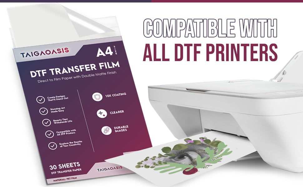 TAIGAOASIS DTF Transfer Film A4-30 Sheets - 8.3 x 11.7 Inches - Anti-Static DTF Transfer Paper - Direct to Film Paper with Double Matte Finish - 10X Coating for Brighter, Clearer, Durable Images