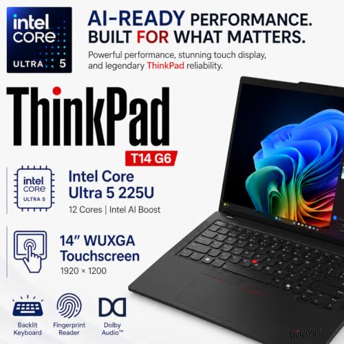 Image of Lenovo ThinkPad T14 Gen 6 AI Business Laptop, 14 inch WUXGA Touchscreen, Backlit Keyboard, Powerful AI Boost Intel Core Ultra 5 225U, 64GB DDR5 RAM, 2TB SSD, Fingerprint Reader, Ethernet, Windows 11 Pro