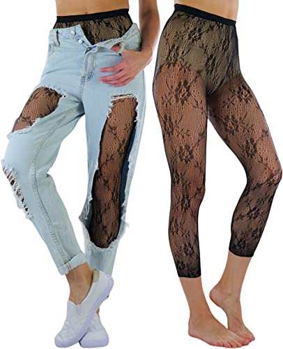 Image of ToBeInStyle Women's Single Floral Lace Fishnet Tights Footless & Stirrup Design