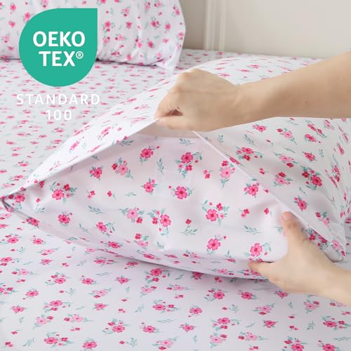 Image of MUXHOMO Queen Size 4 Piece Sheet Set, Soft & Breathable Sheet for Bedroom with Deep Pocket Up to 16 inch, Wrinkle-Free & Cooling Bed Sheet with Flat Sheet, Fitted Sheet & Pillowcases - Pink Flower Sea