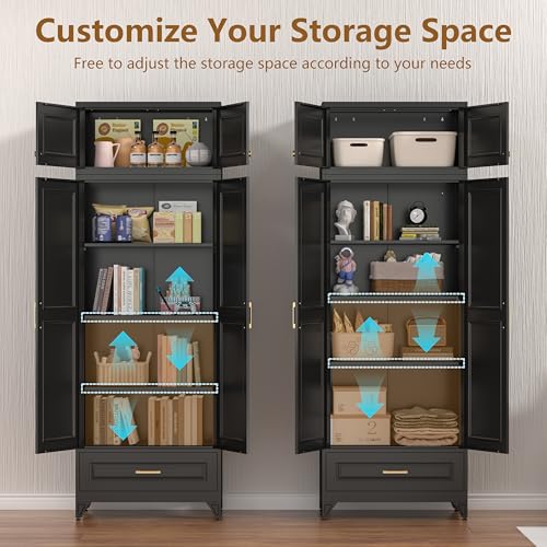 Image of Polup Kitchen Pantry Cabinet, 90 inch Tall Metal Storage Cabinet with Doors | Black Heavy-Duty Steel Cupboard, 5 Adjustable Shelves, Magnetic Latch, Gold Handles, for Dining Living Room, Laundry, Garage