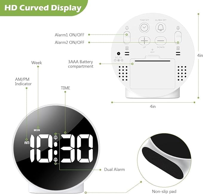 Seafrrzios Dual-Alarm LED Display Desk Clock - 3-Level Dimmable Snooze, Silent Design, Digital Alarm Clock for Bedroom with USB & Type-C Charger Port, Adjustable Alarm Volume (White) 2