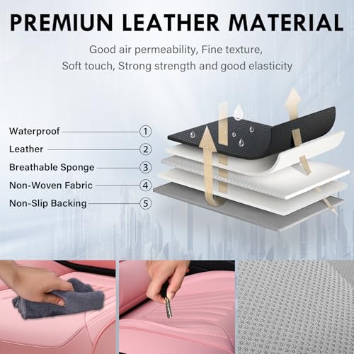 Image of Coverado Car Seat Covers Front Seats, 2 Piece Car Seat Protector with Lumbar Support & Removable Headrest, Breathable Leather Seat Cushion Universal Fit for Truck Automotive Vehicles Pink