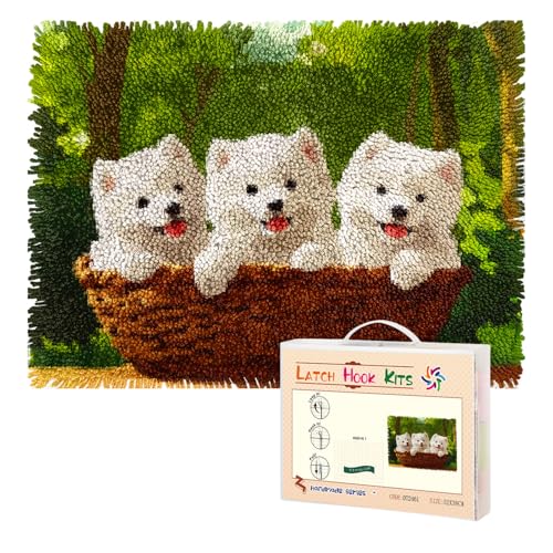 Latch Hook Rug Kit Cute Samoyed Puppies in Basket Pre-Printed Handmade Carpet Crochet Yarn Craft DIY Hook and Latch Door Mat Tapestry for Home Floor Decoration 52x38cm-1