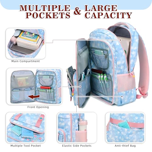 Girls Backpack 15.6 Inch Laptop School Bag Cute Kids Kindergarten Elementary Backpacks Middle Schoolbag Large Bookbags for Women Teens Students Anti Theft Travel Daypack (Blue)3