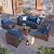Amopatio 7 Piece Outdoor Patio Furniture Set, Rattan Conversation Sectional Sets for Porch Deck, Patio Couch with Tempered Glass Tea Table, Thickened Blue Cushions for Porch Backyard Lounge