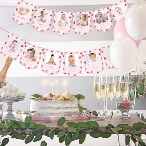Image of JarThenaAMCS 2Pcs Strawberry Photo Banners Pink Red Plaid Daisy Strawberry Banner Newborn to 12 Months Picture Display Garland for 1st Birthday Decoration