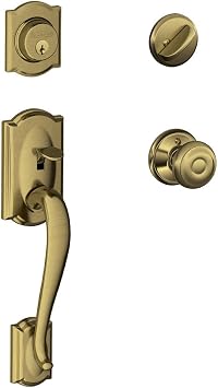 SCHLAGE Camelot Single Cylinder Handleset and Georgian Knob, Antique Brass F60 CAM 609 GEO