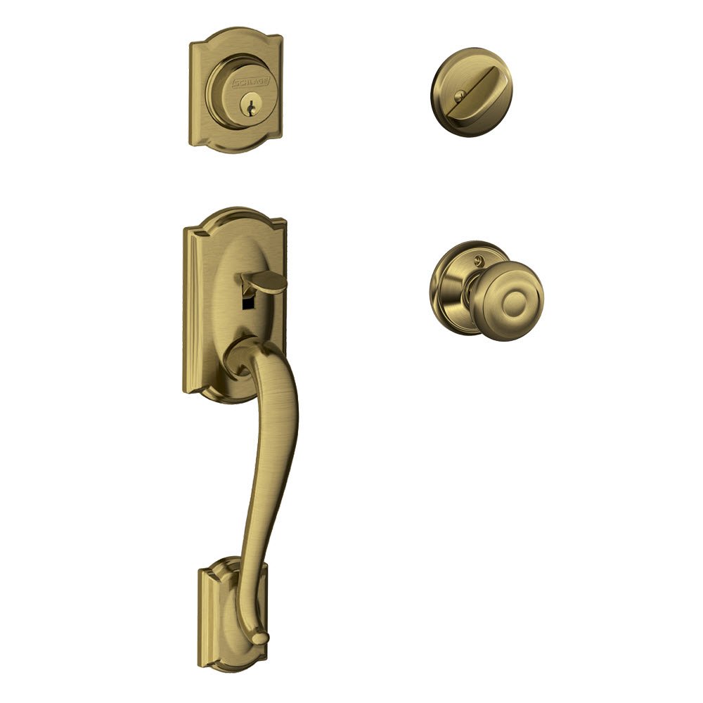 SCHLAGE Camelot Single Cylinder Handleset and Georgian Knob, Antique Brass (F60 CAM 609 GEO)