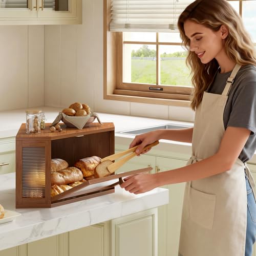 Image of WOWLIVE Corner Bread Box for Kitchen Countertop, Bamboo Bread Storage Container, Large Farmhouse Bread Holder with Acrylic Wavy Door Panel, Multi-functional Container, Caramel