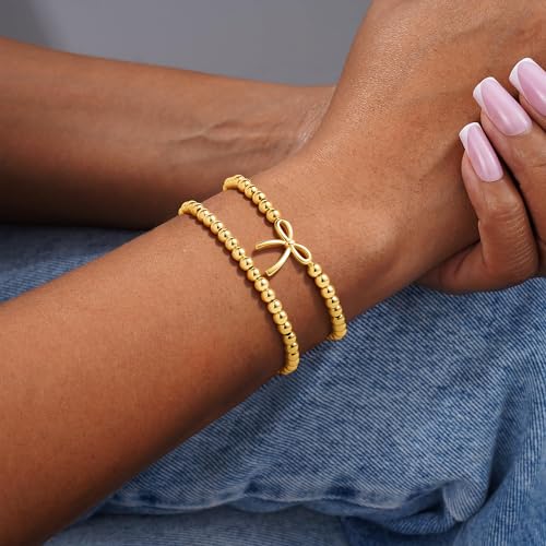 M MOOHAM Gold Beaded Bracelet for Women, 14K Gold Plated Bracelet Stack - image 3