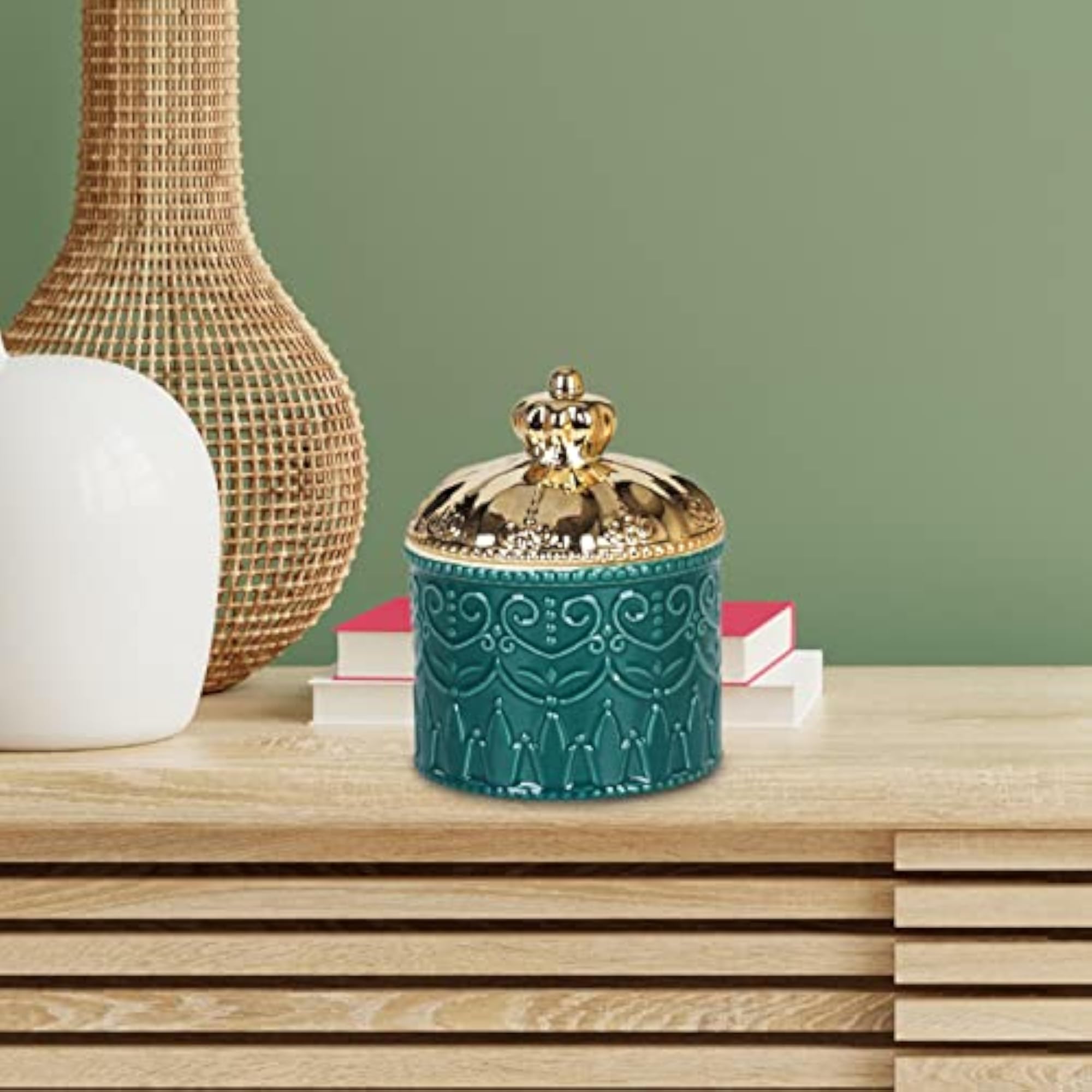 Ceramics Jewellery Organizer with Lid, Green