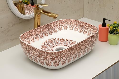 Image of Moroccan Design Ceramic Tabletop Wash Basin | Countertop Vessel Sink | Wash Basin over counter For Bathroom Hotel Home (18x13x5.5 Inch) (TORO 4014) (Moroccan Design 104)
