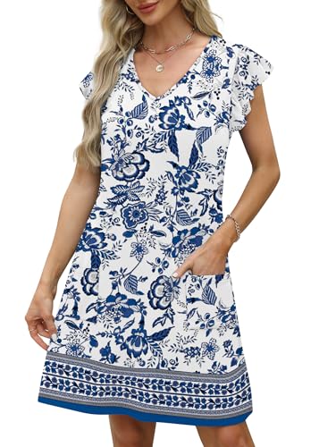 OFEEFAN Womens Summer Dresses 2025 Ruffle Sleeve V Neck Loose Swing Sundresses with Pockets Plain/Print4