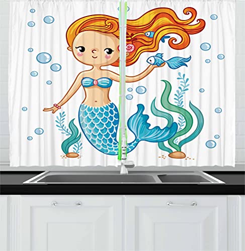 Lunarable Cartoon Long Kitchen Curtains, Swimming Mermaid Ocean Underwater Life Magic Character, 2 Panel Set Drapes with Rod Pocket Room Decor, 55