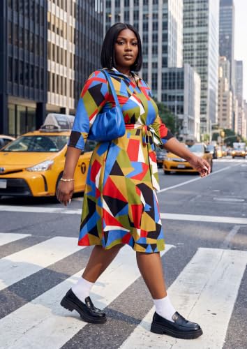 Image of FANDEE Plus Size Midi Dress for Women - Printing Summer Dresses for Wedding Guest Cocktail Party 3 /4 Sleeve V Neck(L-5XL)
