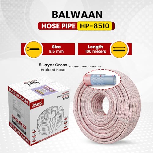 Image of Balwaan Krishi Agriculture Hose Pipe | 100 Meter Length | 8.5 mm Size | 5 Layer Cross Braided | UV & Weather Resistant | Strong, Flexible & Leak-Proof Water | HP-8510