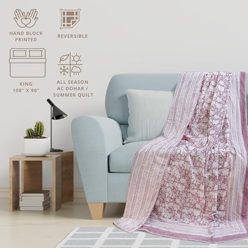 Image of TOAIArt Premium Jaipuri Dohar | AC Blanket Summer Quilt | Hand Block Printed | 3 Layers | Reversible | 150GSM 100% Mulmul Cotton| 100% Cotton Flannel Filling | King 108 inch X 90 inch|Vintage Pink Kalamkari