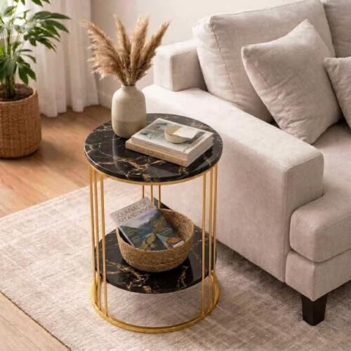 Image of Coffee Table /End Table /Center Table /Sofa Side Table /BedsideTable /nightstand for Living Room Bedroom Balcony Table with Marble Design Wooden Top Gold Black